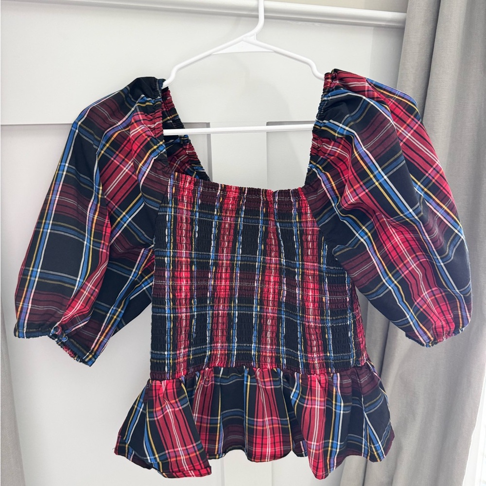 Draper James Plaid Puff Sleeve Peplum Top